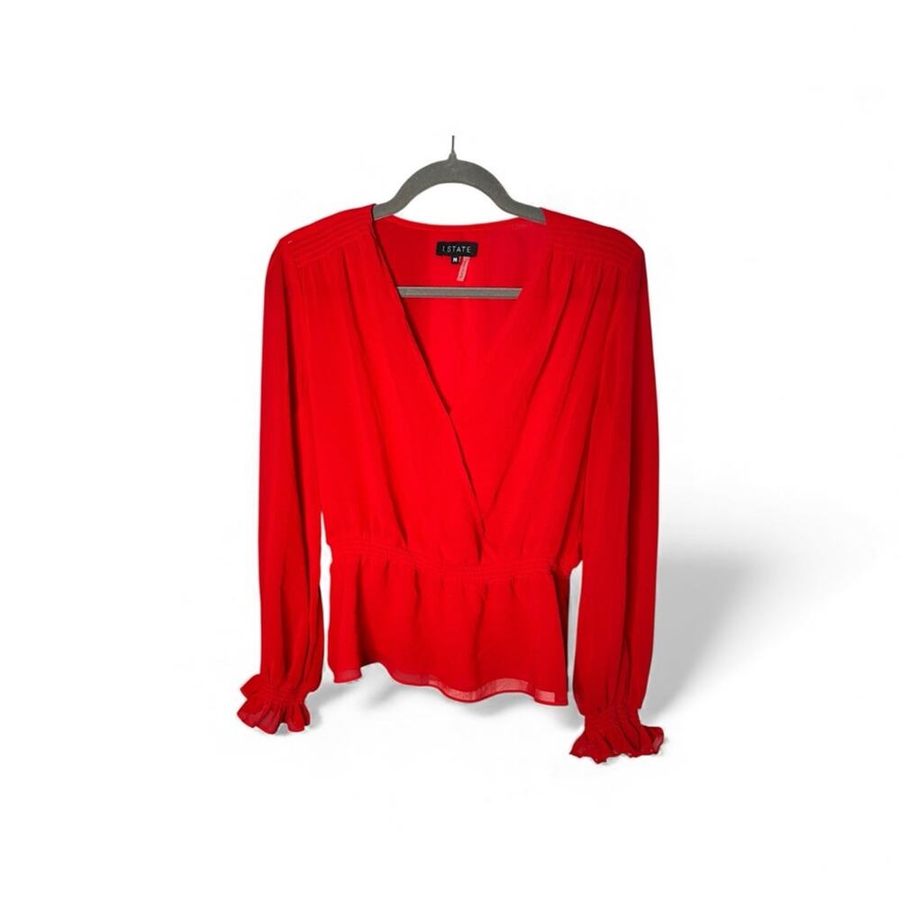 1. State Red Wrap Peplum Blouse Long Sleeve Medium